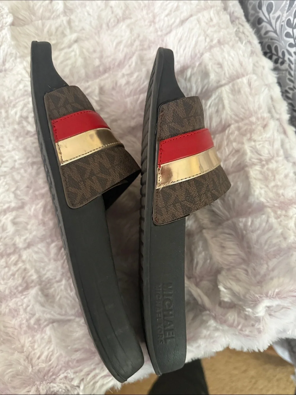 Michael Kors Brown, Gold & Red Logo Slide Sandals slides